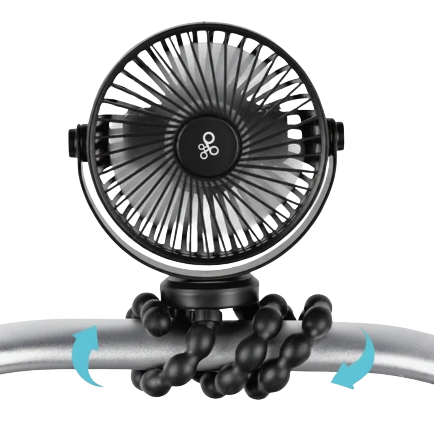 Black stroller fan attached to a handlebar with a white background