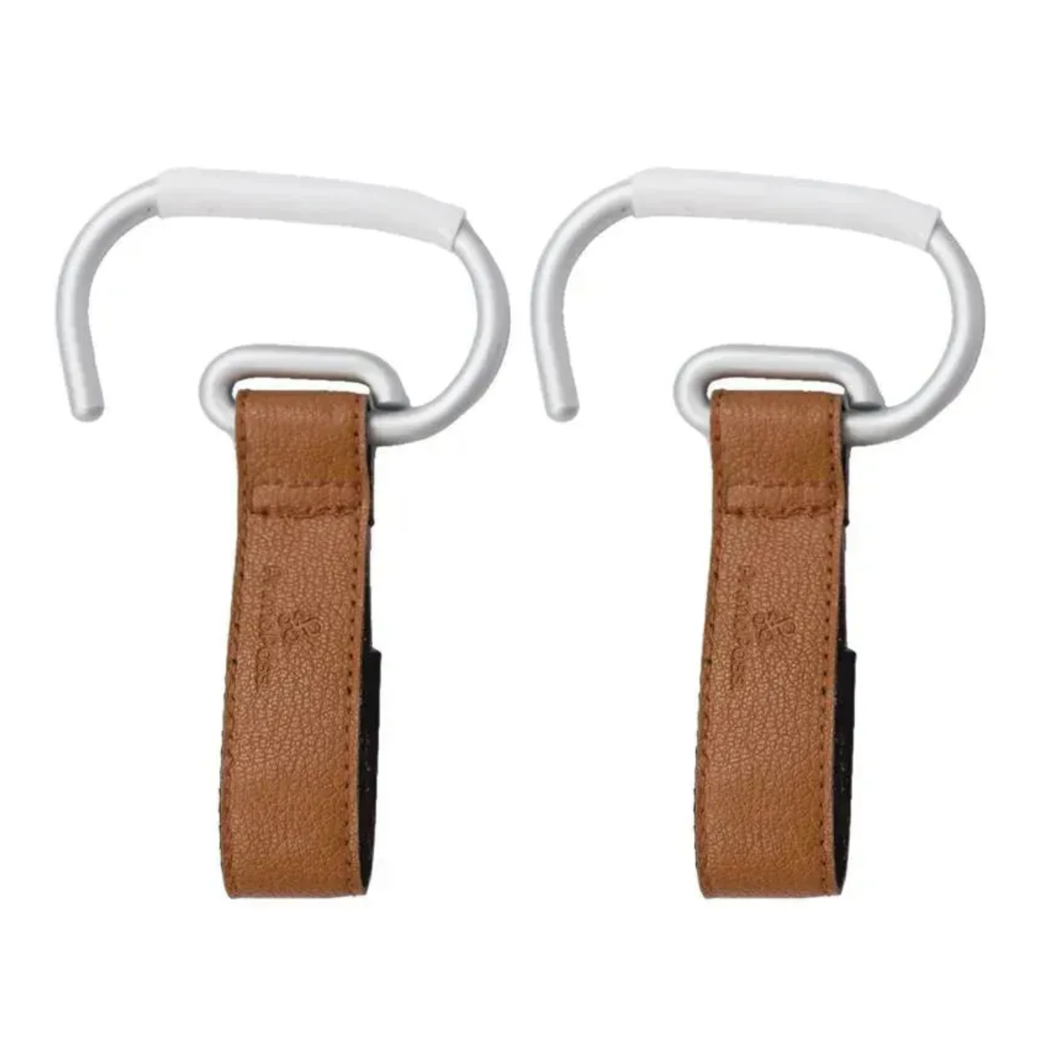 Two metal hooks with brown leather straps on a white background