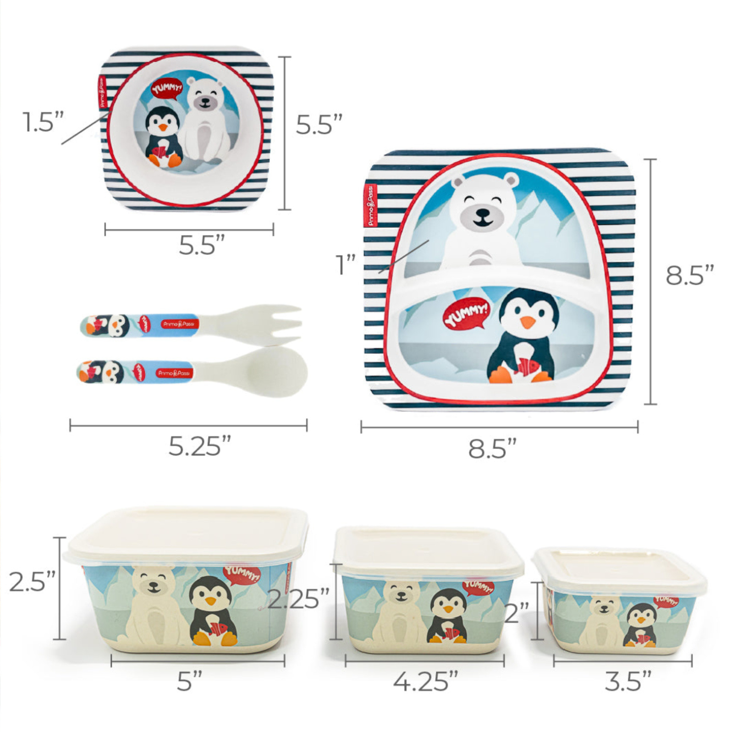 A set of children's dinnerware with Arctic penguin and polar bear illustrations, shown with dimension callouts for a plate, bowl, spoon, fork, and three storage containers on a white background.