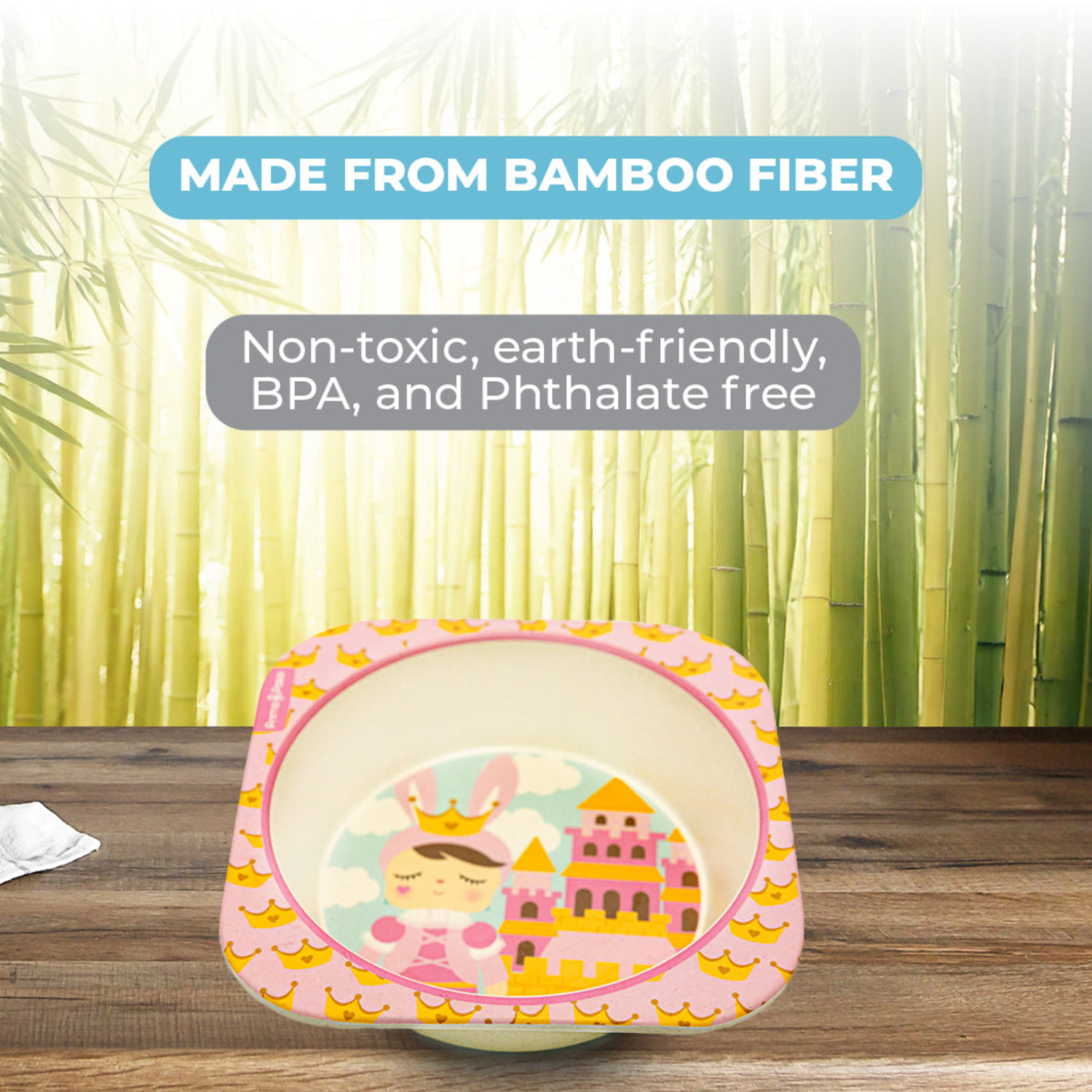 Square bamboo fiber children's bowl featuring a princess-themed design with a crowned character standing beside a pink and gold castle. The image highlights that the bowl is made from non-toxic, eco-friendly bamboo fiber and is BPA- and phthalate-free.