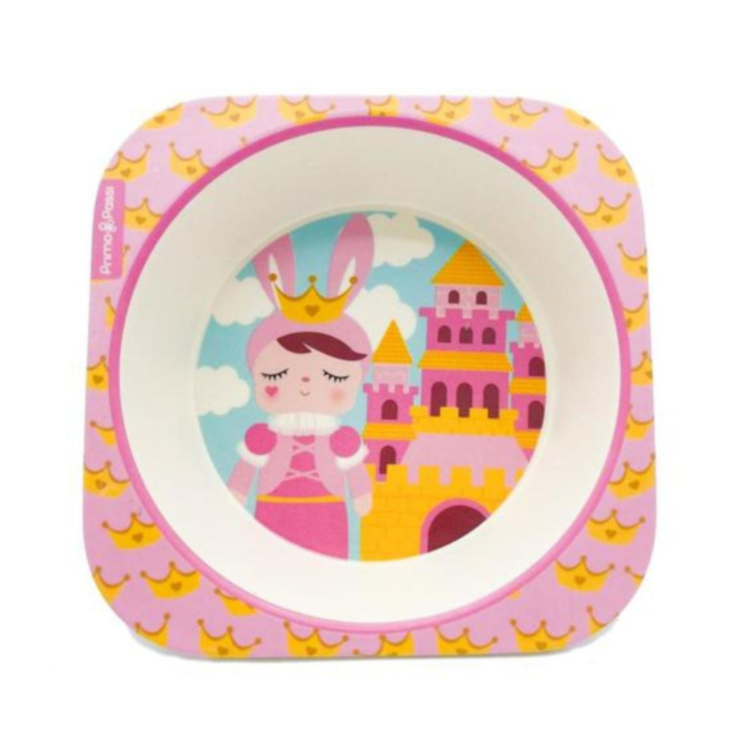 A square children's bowl with rounded corners, featuring a pink and yellow crown pattern on the outer rim and a colorful illustration of a princess and castle on the inner side.
