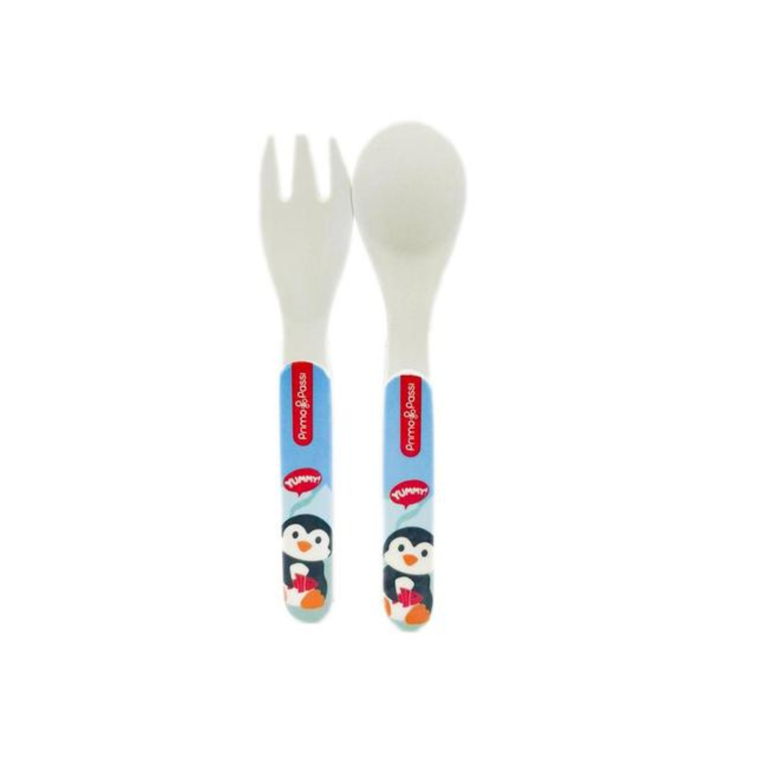 Toddler spoon and fork set with white utensils and colorful arctic-themed handles featuring a playful penguin design. The child-sized utensils are shown on a white background and are designed for little hands learning to self-feed.