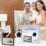 Family with a WiFi Baby Monitor packaging in a bedroom setting
