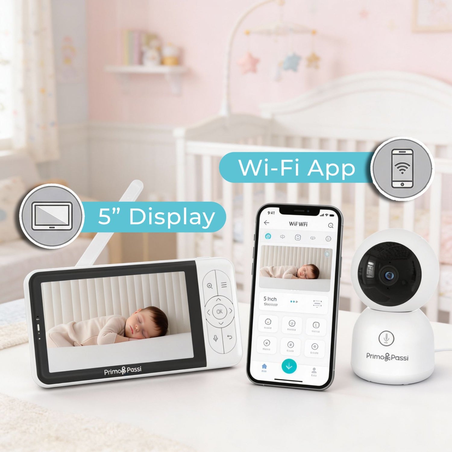 Baby monitor system with display, camera, and smartphone app in a nursery setting.