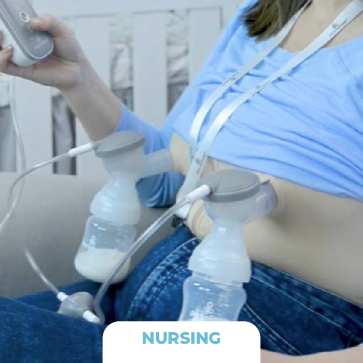 Person using a breast pump with two bottles attached, labeled 'Nursing'.