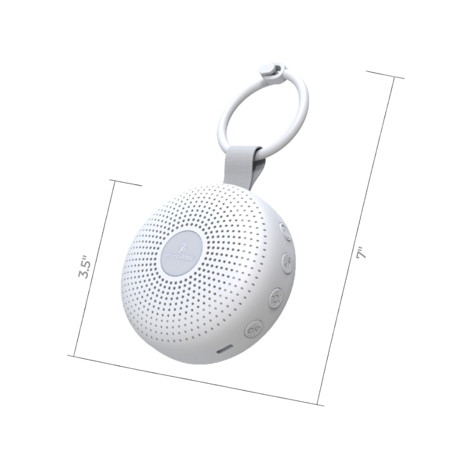 white portable sound machine for babies with measurement details on a white background