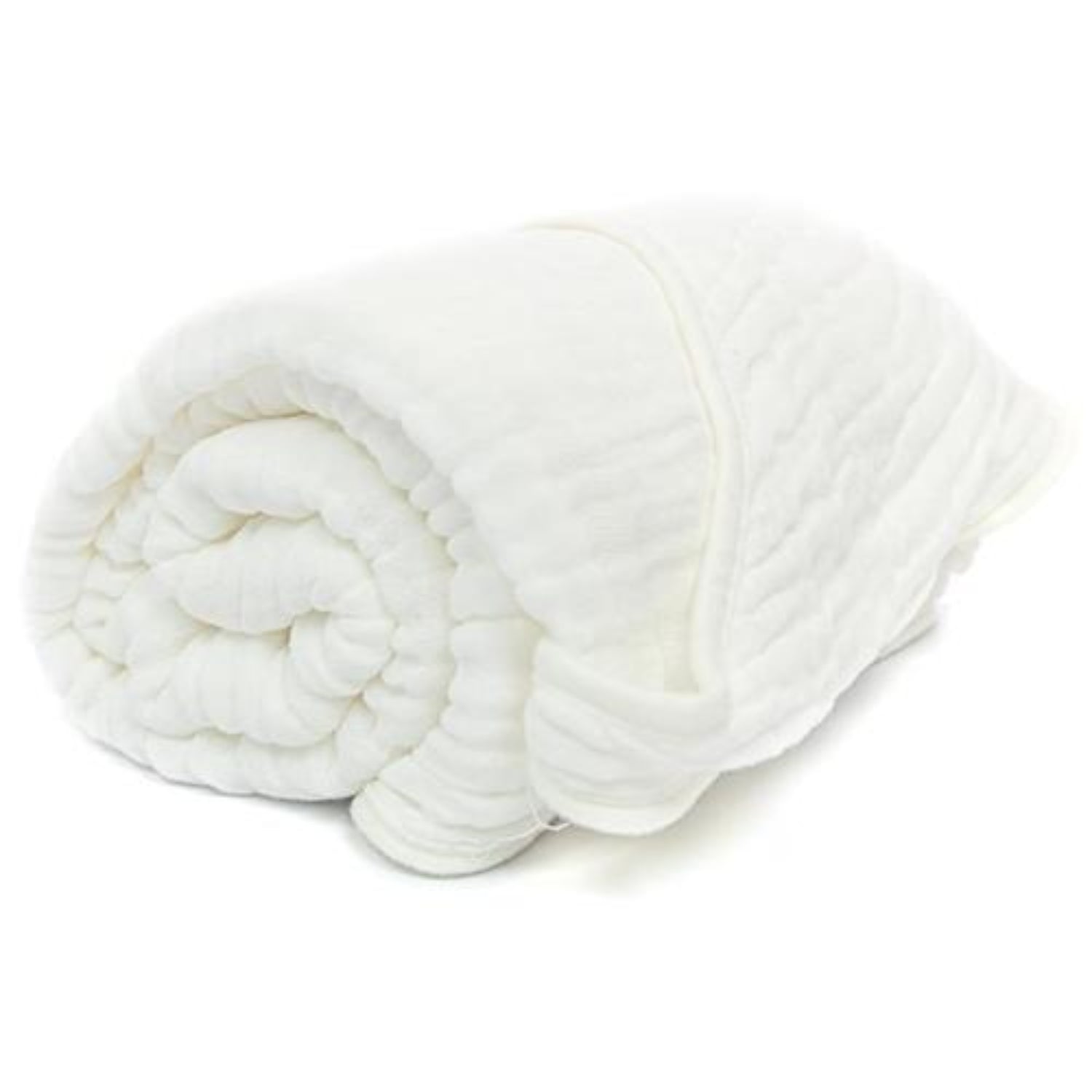 A rolled up white hooded muslin towel made of cotton, displayed on a white background.