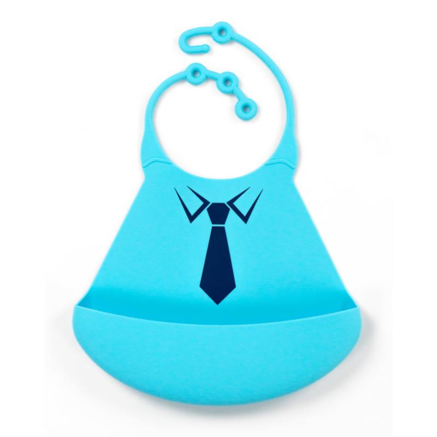 Primo Passi flexible silicone baby bib in blue with a tuxedo-inspired design featuring a printed tie and collar. Made from soft, food-grade silicone, the adjustable bib includes multiple neck settings and a deep catch pocket to help collect spills and crumbs, making mealtime cleaner and easier.