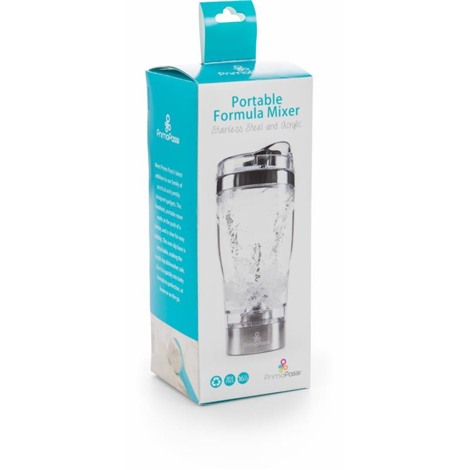 Primo Passi Portable Formula Mixer retail packaging featuring the rechargeable 16 fl oz mixer bottle with a stainless steel base and clear blending cup. The compact package highlights the portable design, making it easy to prepare smooth, lump-free baby formula at home or on the go.