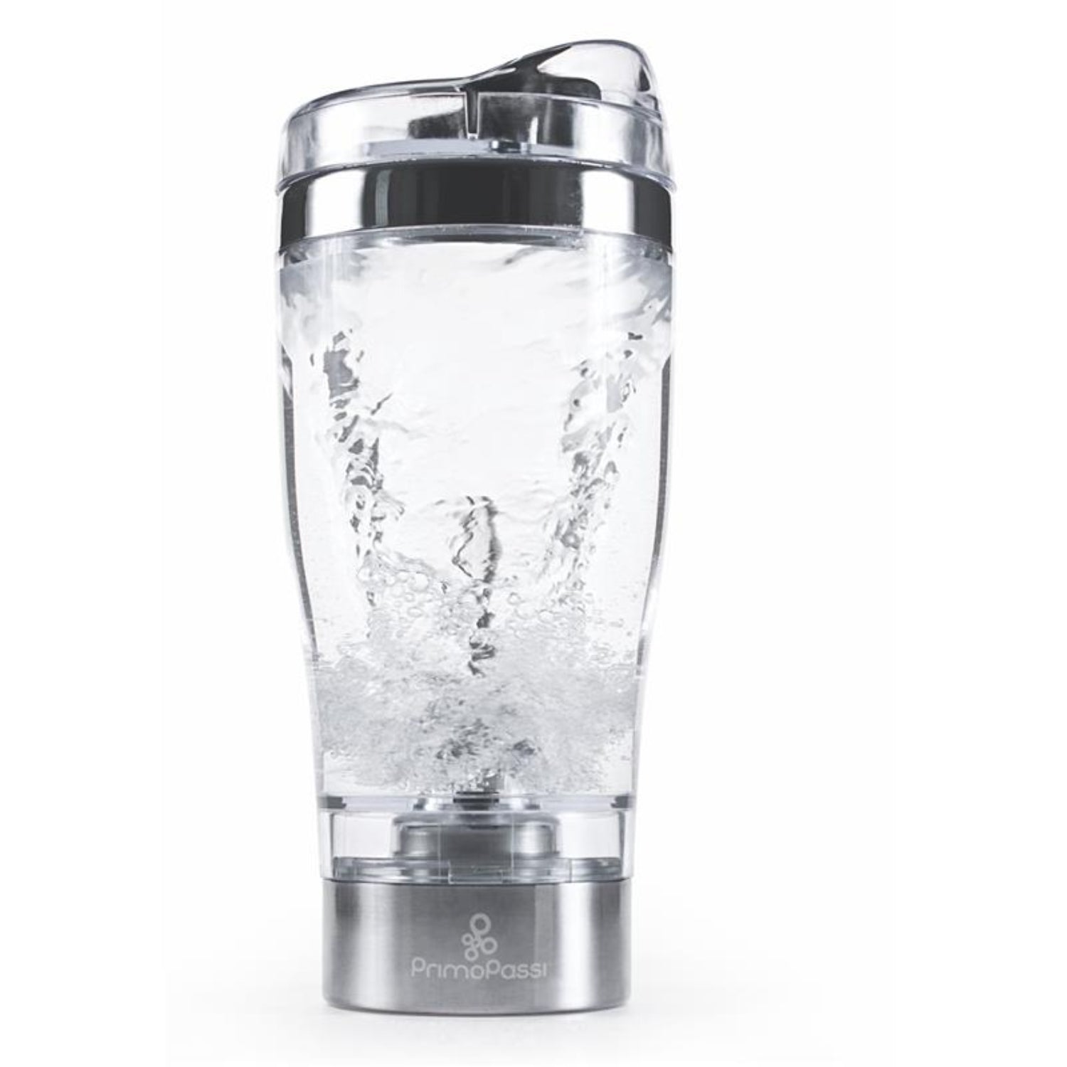 Primo Passi portable electric blender bottle with a rechargeable motorized base blending water into a smooth vortex. The clear travel cup features a leak-resistant flip-top lid and compact design, making it ideal for mixing protein shakes, smoothies, and nutritional drinks at home, the office, or on the go.