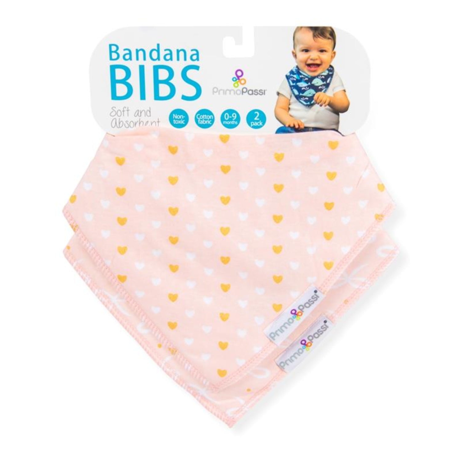 Primo Passi 2-pack bandana bib set featuring soft pink designs with heart and bow patterns. Made with a 100% cotton front and soft fleece backing, these absorbent bibs help keep babies dry and comfortable from drool and spills. Suitable for babies 0–9 months.