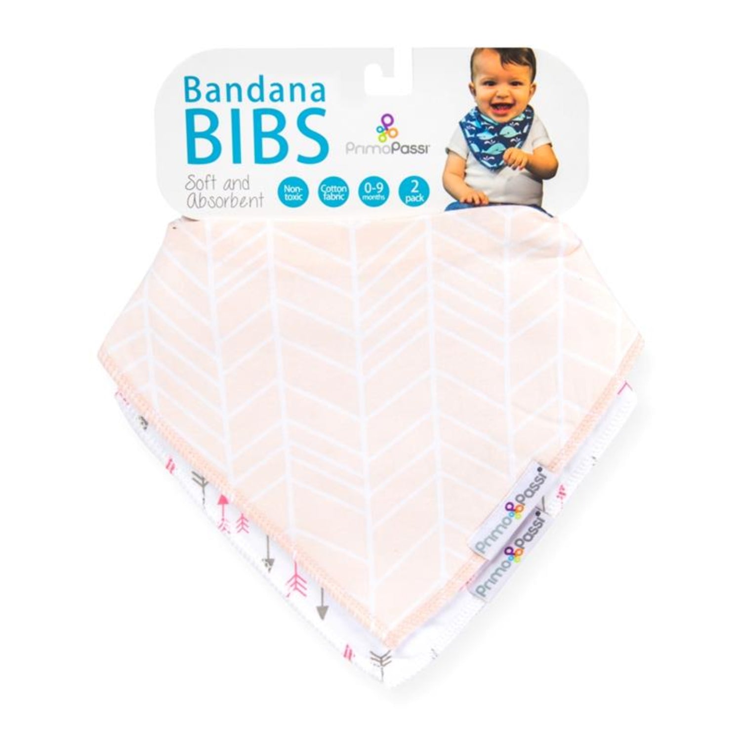 Primo Passi 2-pack bandana bib set featuring two soft, absorbent bibs in blush pink designs. One bib has a subtle herringbone pattern, while the other features pink and gray arrows. Made with cotton fabric for stylish, everyday protection against drool and spills.