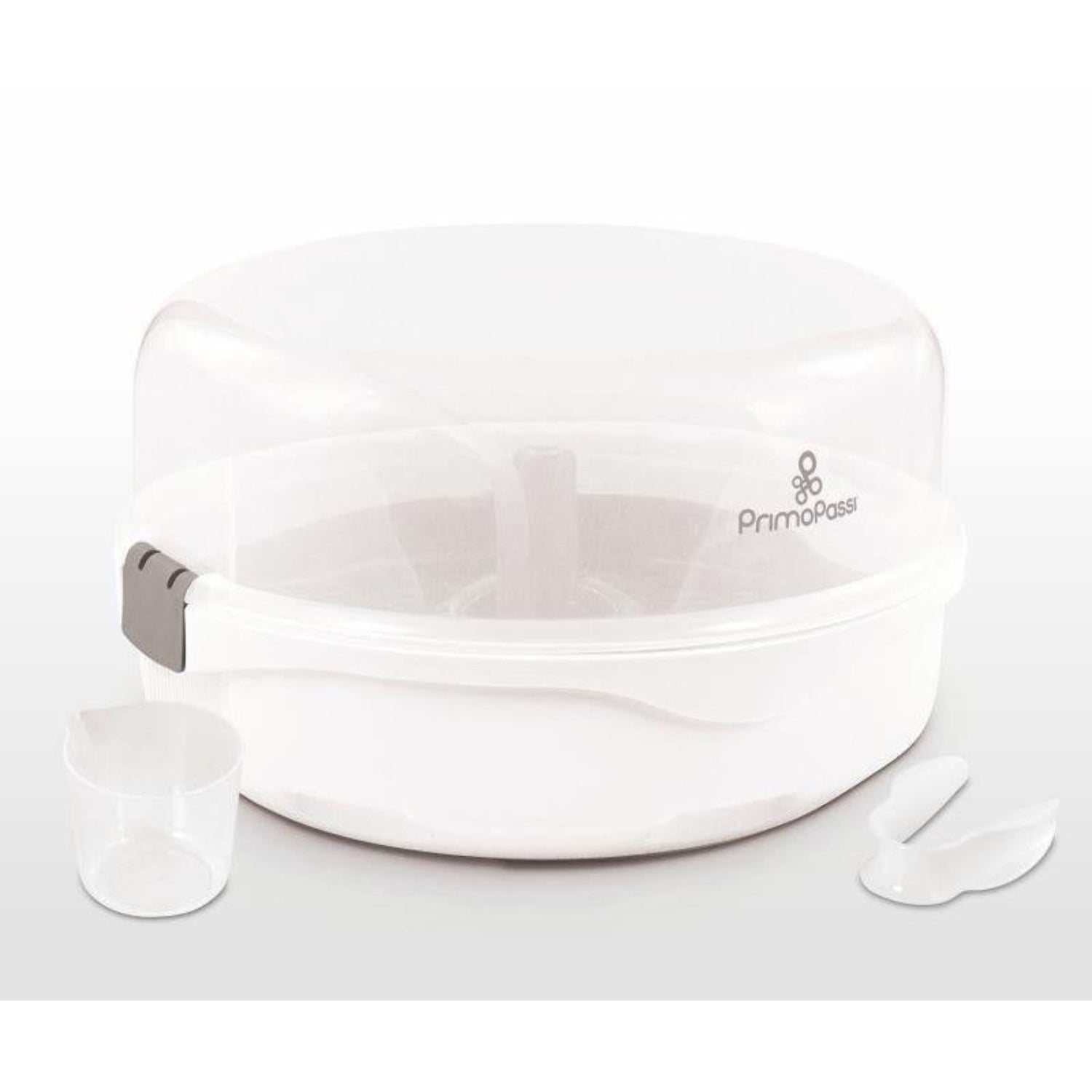 Primo Passi microwave steam sterilizer with transparent lid, measuring cup, and tongs on a white background.