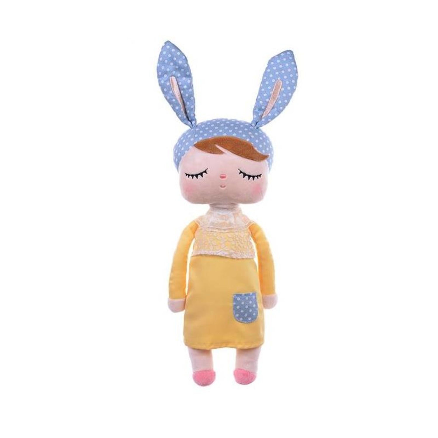 Soft plush bunny doll with embroidered closed eyes, rosy cheeks, and a blue polka-dot bunny ear headband. The doll wears a yellow dress with a blue pocket and is designed for comforting cuddles, imaginative play, and nursery décor.