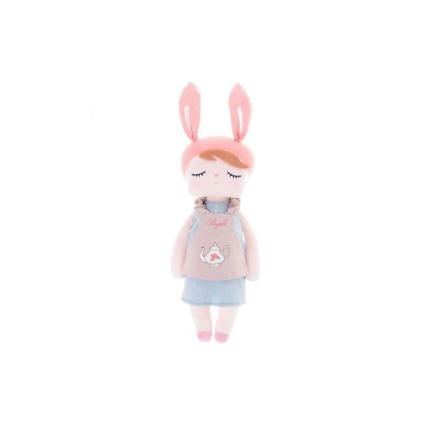 Soft plush bunny doll with pink bunny ears, embroidered closed eyes, and a blue dress with a teapot apron detail. This cuddly stuffed toy is designed for comfort, imaginative play, and snuggles, making it a charming companion for babies and young children.