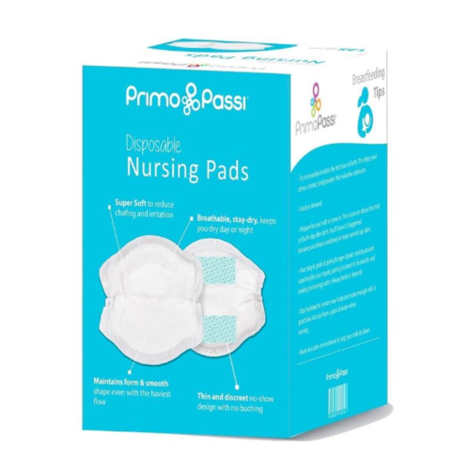 Primo Passi Disposable Nursing Pads, 125-count box featuring ultra-absorbent, leakproof breast pads designed for breastfeeding moms. Contoured for a comfortable fit with a breathable layer to help keep skin dry day and night while providing discreet protection against leaks.