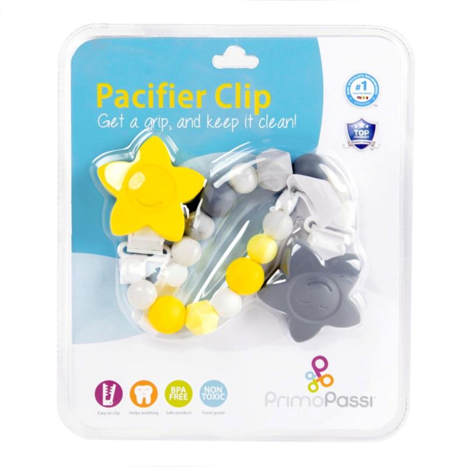 Retail packaging for the Primo Passi Silicone Pacifier Clip Set featuring two baby-safe pacifier clips with star-shaped clasps in yellow and gray. The packaging highlights BPA-free, non-toxic, food-grade silicone construction that helps soothe teething while keeping pacifiers clean, secure, and within easy reach.