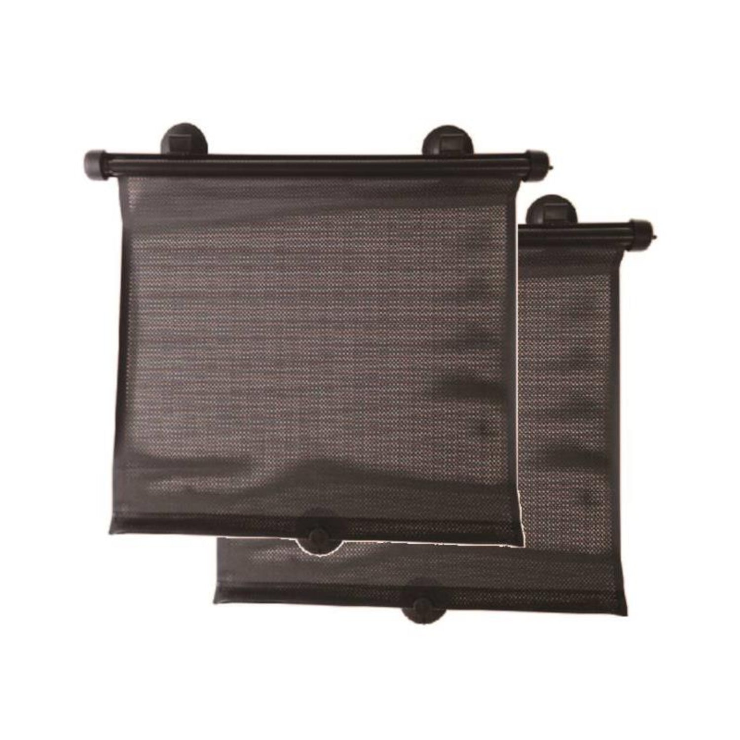Two black retractable window sun shades for cars in a white background