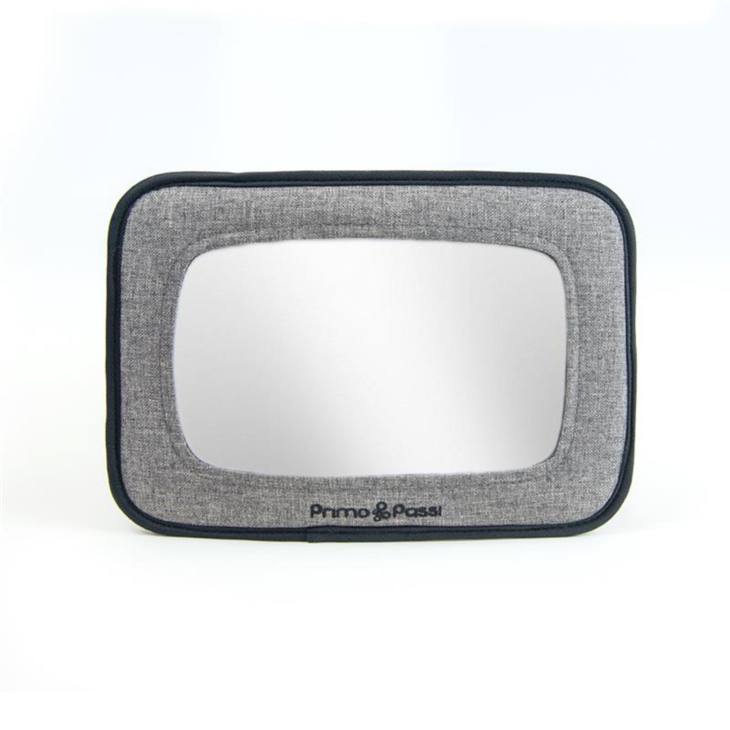 Primo Passi gray backseat baby mirror with a large rectangular reflective surface displayed on a white background. The mirror features a soft fabric frame with black trim and a sleek, modern design, making it easy for parents to keep an eye on their rear-facing baby while driving.