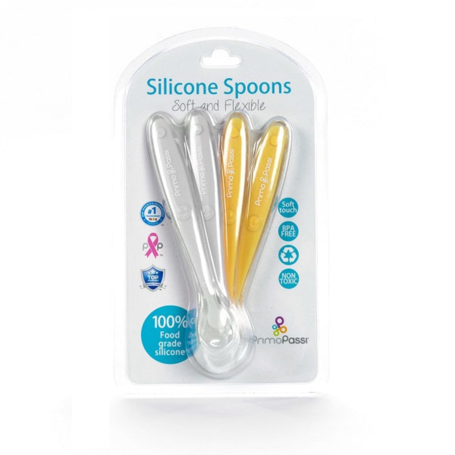 Front view of the Primo Passi Silicone Spoons 2-Pack in retail packaging. Made from 100% food-grade silicone, these soft, flexible, BPA-free baby spoons are gentle on sensitive gums and ideal for introducing solids and self-feeding.