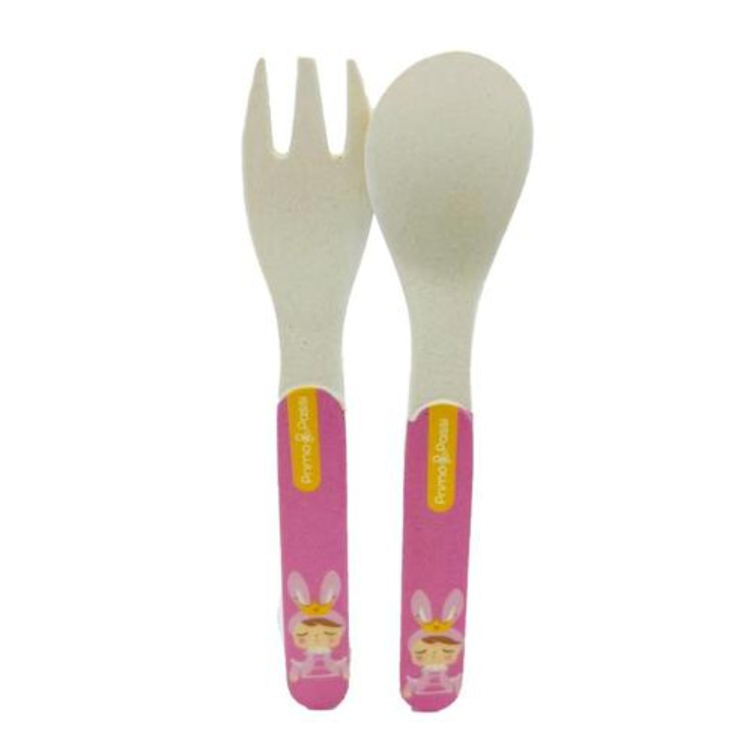A set of kids' cutlery with a bamboo fiber design, featuring a spoon and a fork, with pink handles and cartoonish animal faces.