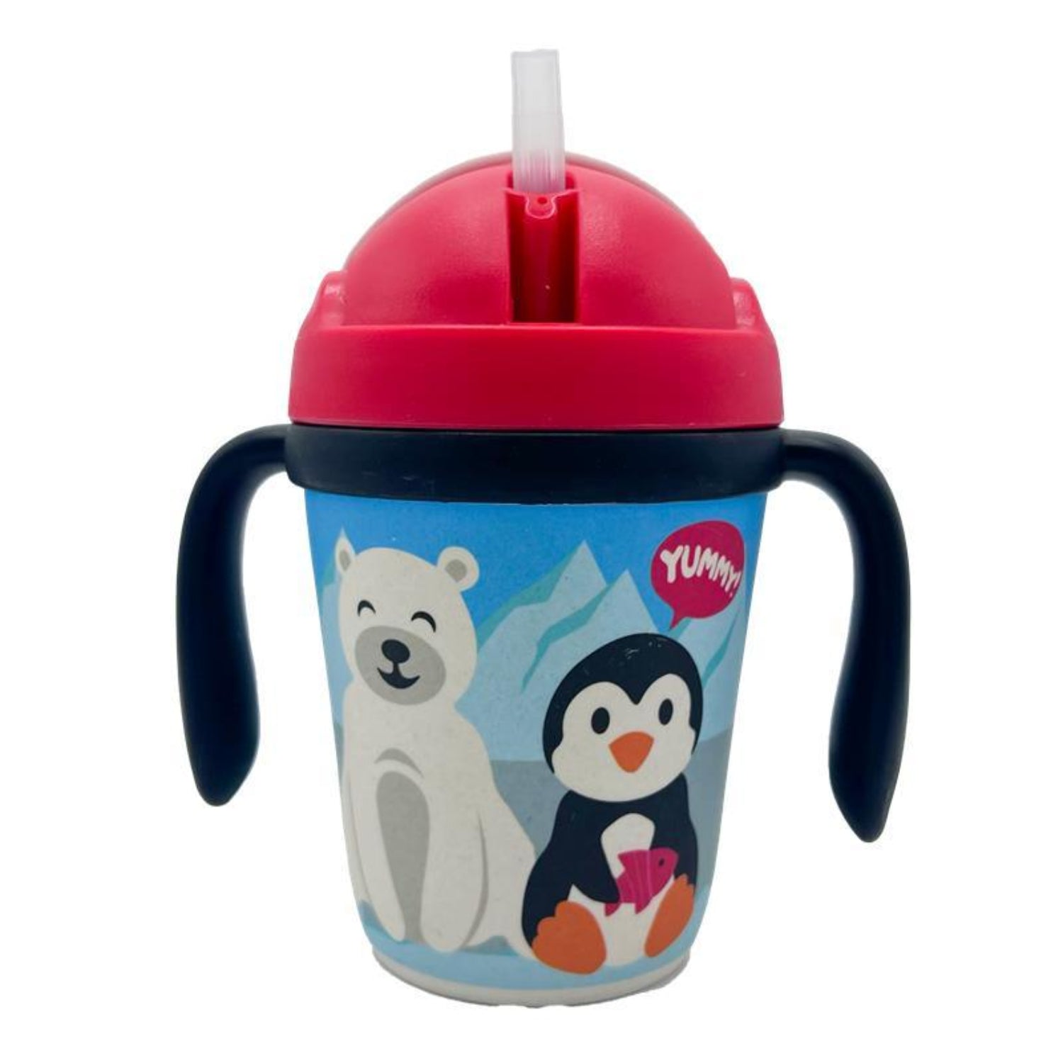 Red toddler training cup with two easy-grip handles, a soft straw, and a playful arctic-themed design featuring a smiling polar bear and penguin against snowy mountains. The spill-resistant cup is shown on a white background.