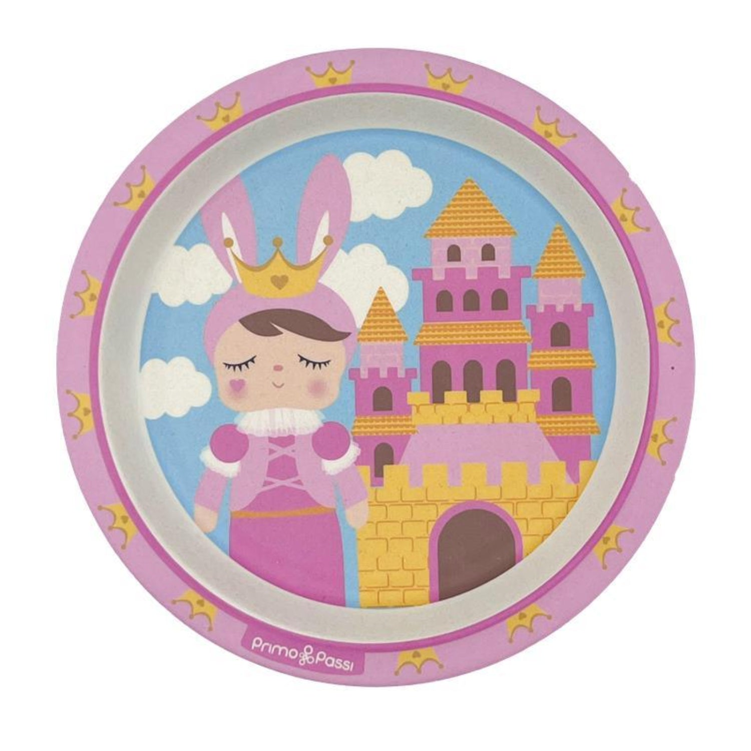 Round children's plate featuring a princess-themed design with a crowned character standing beside a pink and gold castle against a blue sky with clouds. The plate has a pink rim decorated with golden crowns and is shown on a white background.