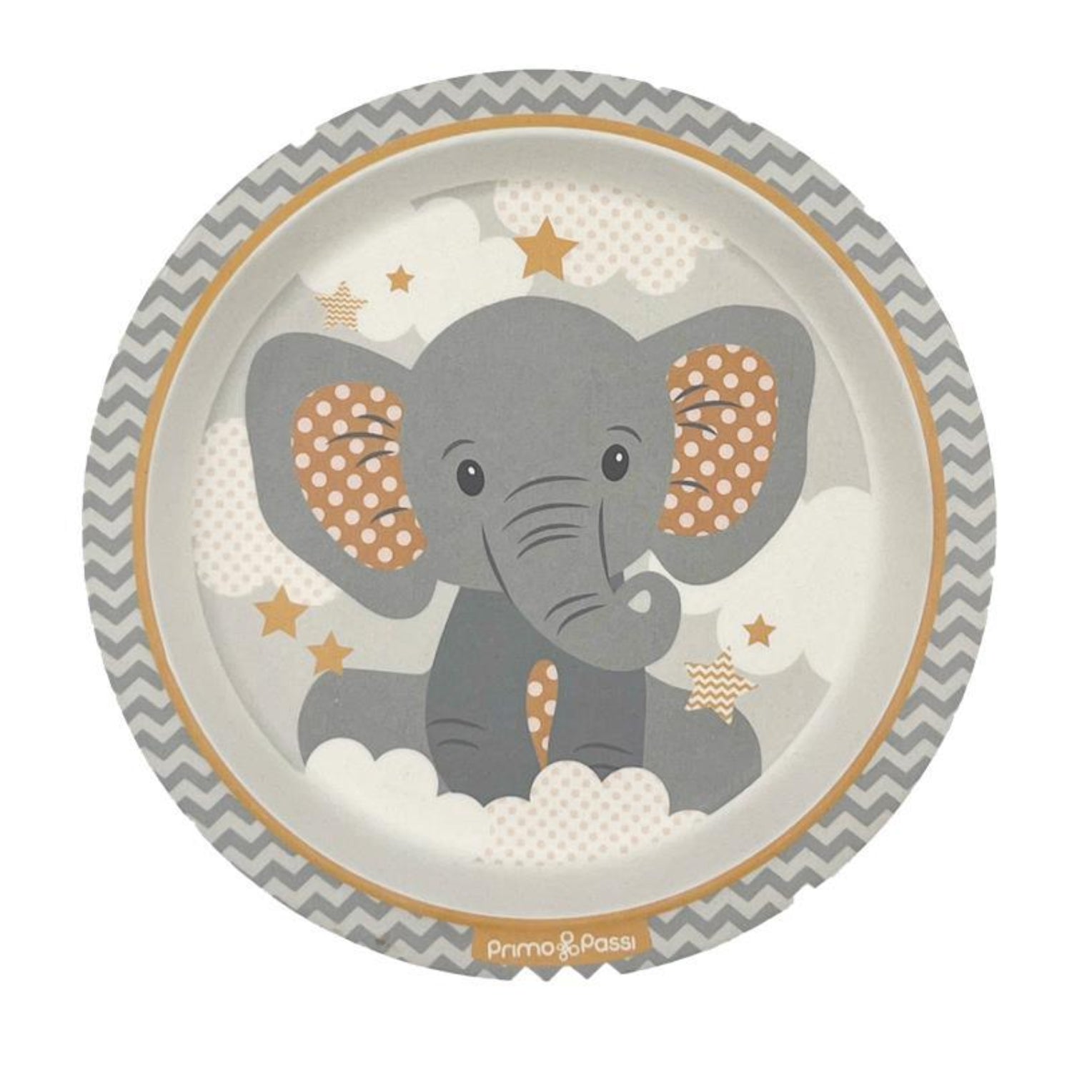 Round children's plate featuring a cute gray elephant surrounded by clouds and stars in soft gray and mustard tones. The plate has a gray chevron-patterned rim and is shown on a white background.