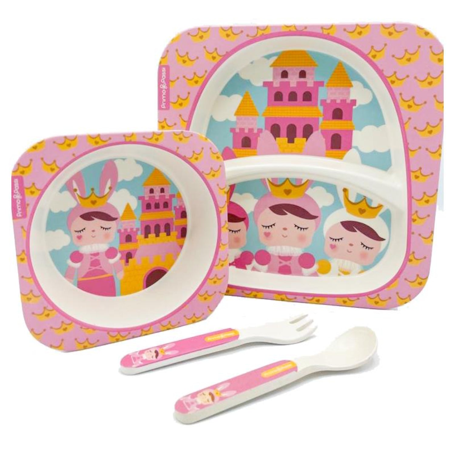 A set of children's feeding accessories made from bamboo, including a divided plate, bowl, fork, and spoon, with character designs and pink, blue, white and yellow colors.