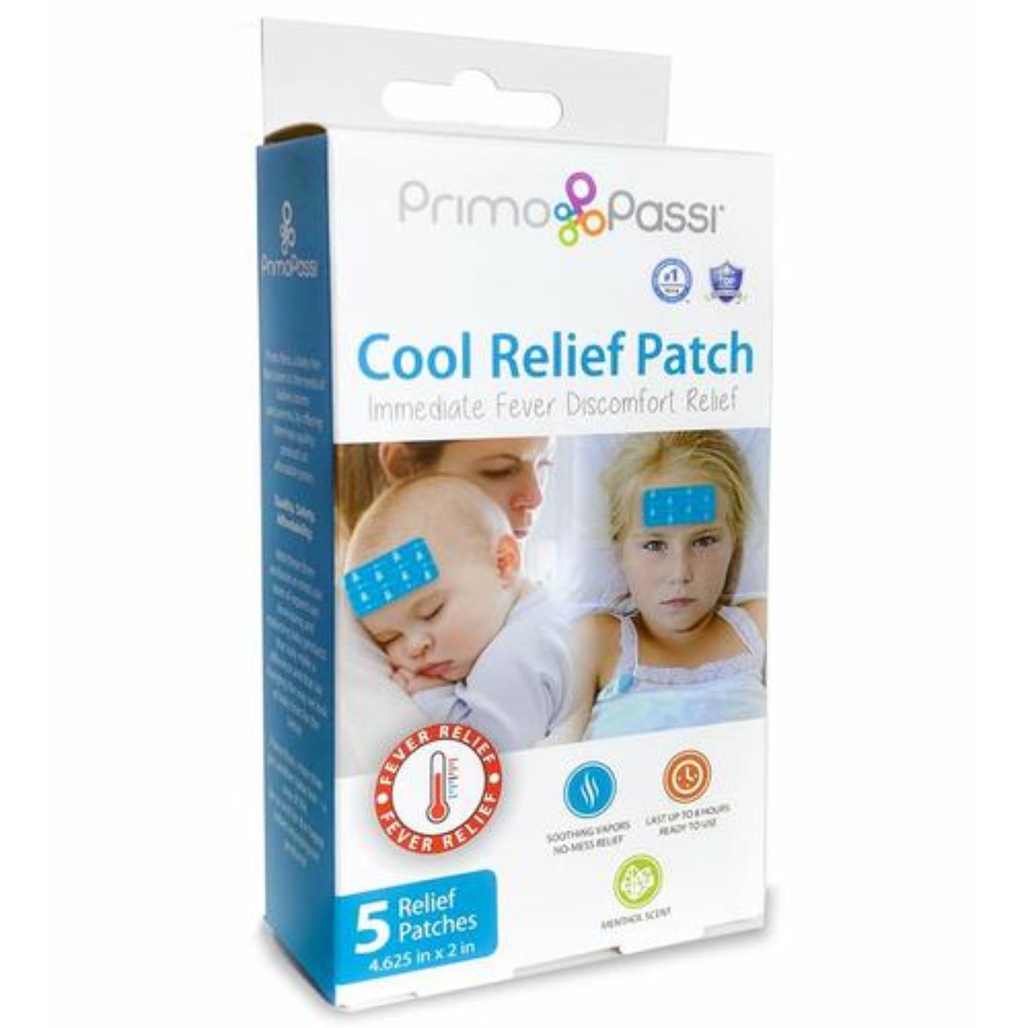 Packaging for Primo Passi Baby Cool Relief Patch, showing the box with a picture of a baby and a patch, along with details of the product being used for fever relief.