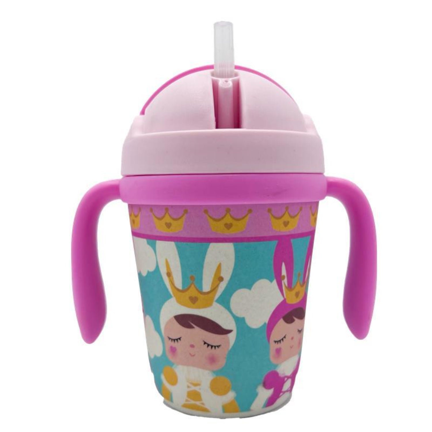 Pink toddler training cup with two easy-grip handles, a soft straw, and a colorful princess-themed design featuring crowned characters, clouds, and crowns on a light blue background. The spill-resistant cup is shown on a white background.