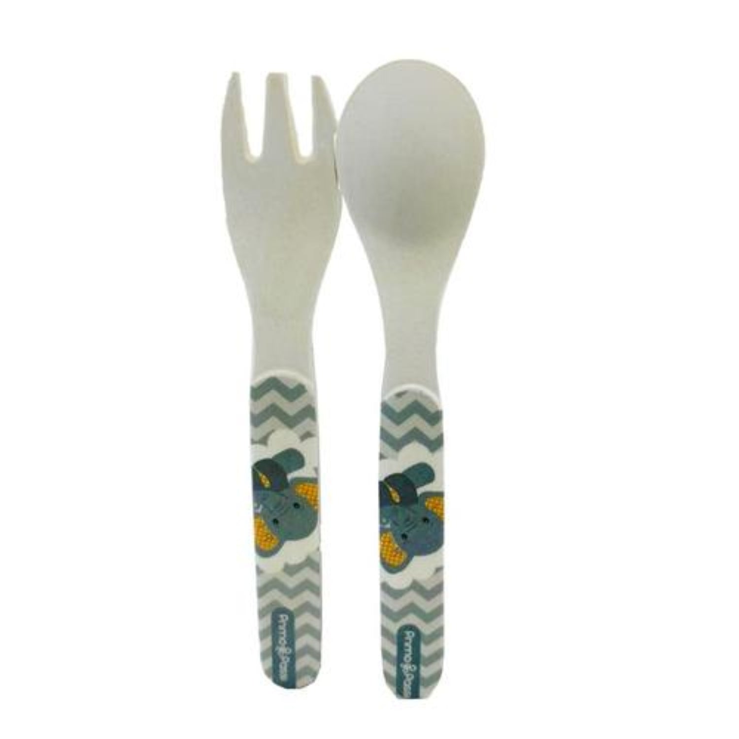 Front view of a baby spoon and fork set featuring ergonomic handles with a playful elephant design. Lightweight and easy to grip, this toddler utensil set encourages independent self-feeding and is perfect for everyday meals.