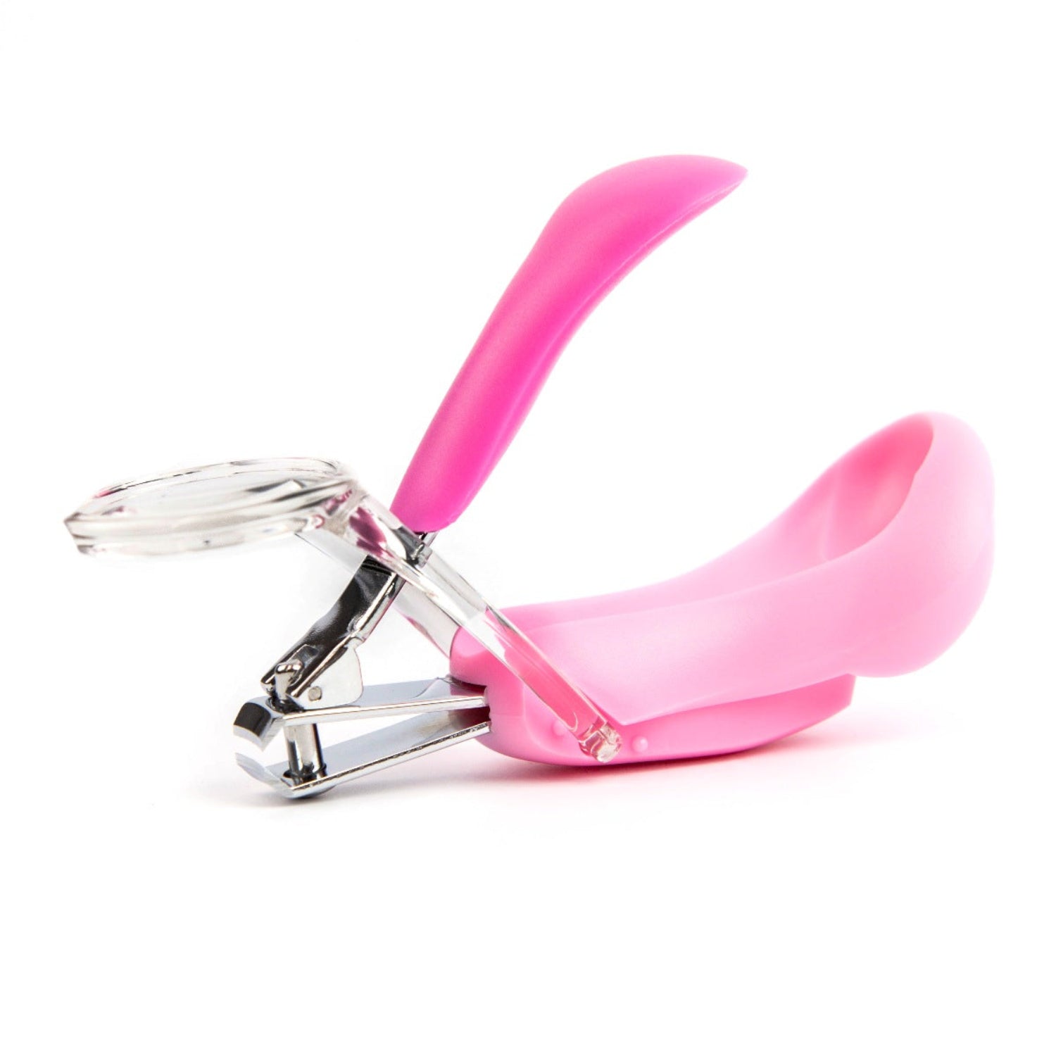Pink baby nail clipper with an ergonomic silicone handle and attached magnifying glass displayed open on a white background. The close-up side view highlights the stainless steel clipping mechanism, non-slip grip, and built-in magnifier designed to provide safe, precise nail trimming for babies and young children.