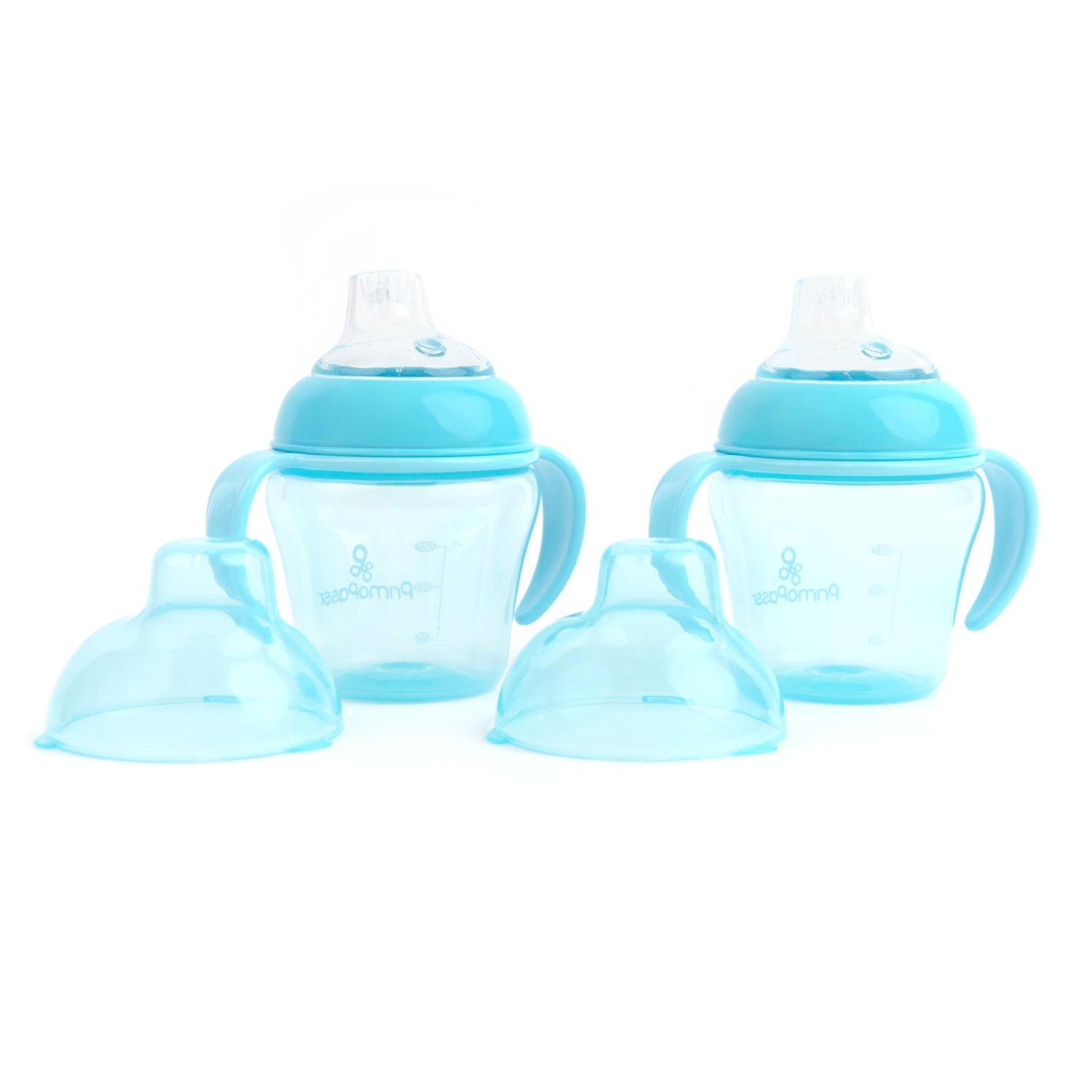 Two Primo Passi Blue Sippy Cups with soft silicone spouts and easy-grip handles displayed alongside their removable protective travel caps, designed for spill-resistant drinking and on-the-go convenience.