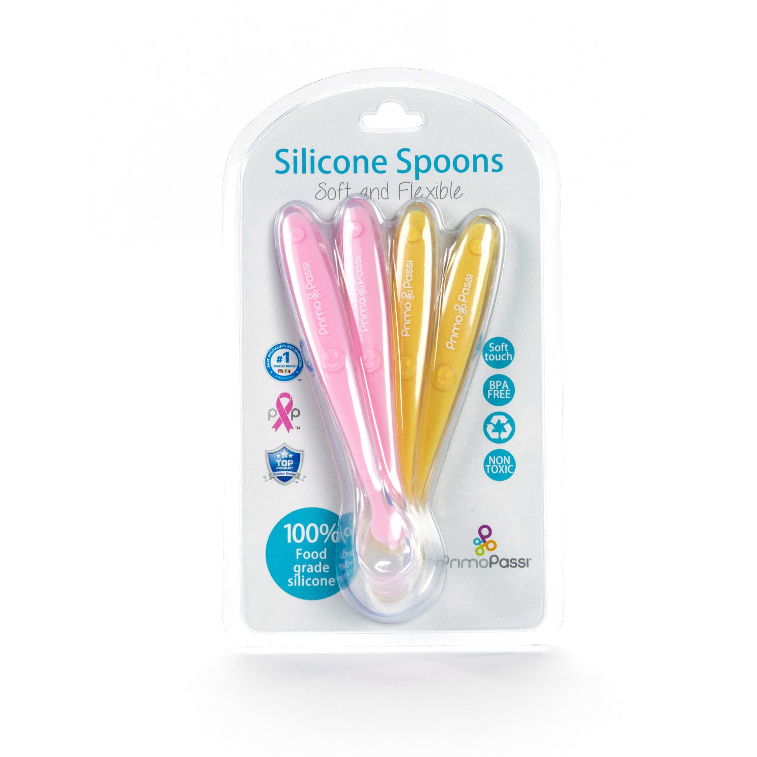 A pack of four silicone spoons in pink and yellow colors, designed for babies, shown in packaging in a white background