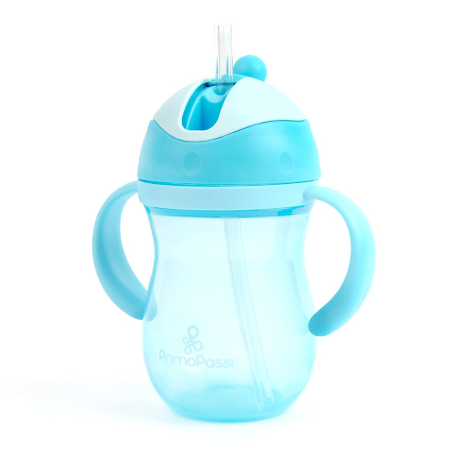 Primo Passi Blue Straw Training Cup with easy-grip ergonomic handles, a flip-top lid, and a soft silicone straw displayed on a white background. The spill-resistant cup features measurement markings, a weighted straw for easy drinking from any angle, and a BPA-free design that helps toddlers transition from bottles to independent drinking.