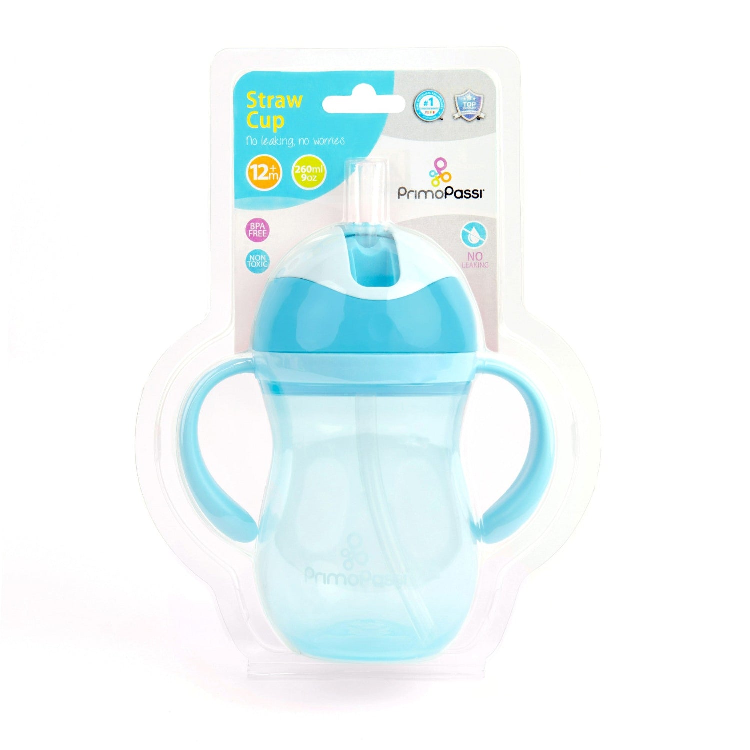 Retail packaging for the Primo Passi Blue Straw Training Cup designed for babies 9 months and older. The 7 oz (200 ml) spill-resistant cup features easy-grip handles, a soft weighted straw, BPA-free and non-toxic materials, and a leak-proof design to help toddlers transition from bottles to independent drinking.