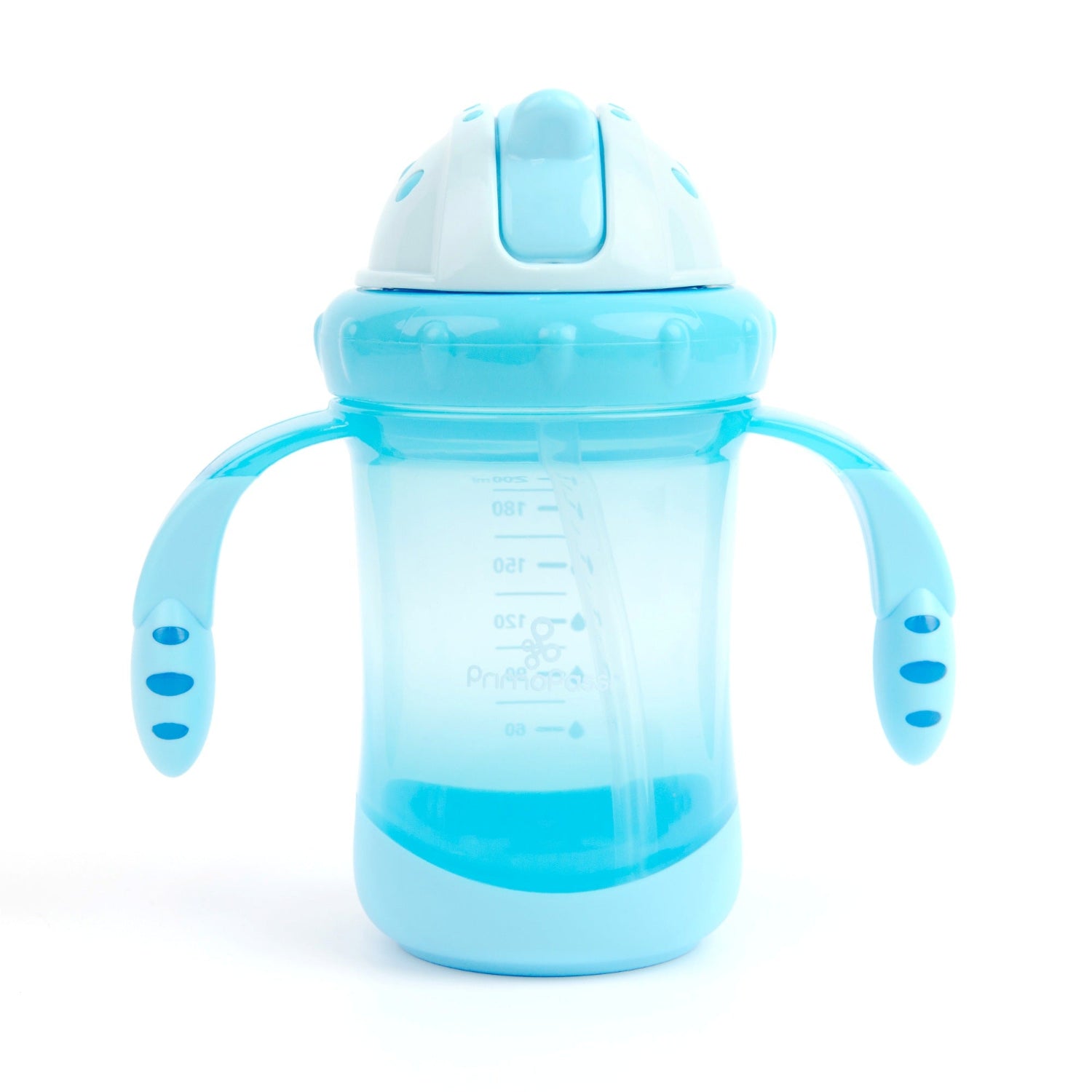 Primo Passi Blue Straw Training Cup with easy-grip ergonomic handles, a flip-top lid, and a soft silicone straw displayed on a white background. The spill-resistant cup features measurement markings, a weighted straw for easy drinking from any angle, and a BPA-free design that helps toddlers transition from bottles to independent drinking.
