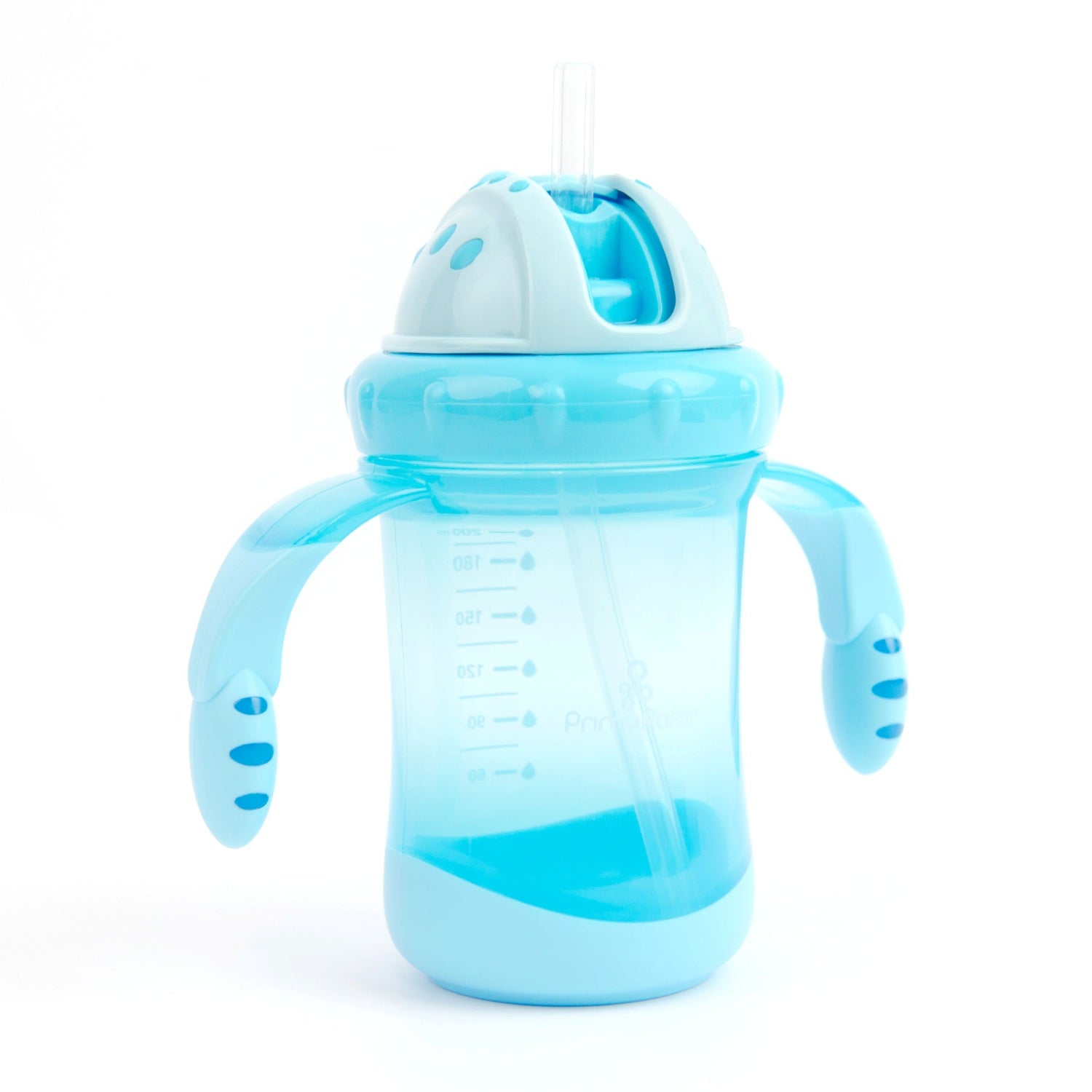 Primo Passi Blue Straw Training Cup with easy-grip ergonomic handles, a flip-top lid, and a soft silicone straw displayed on a white background. The spill-resistant cup features measurement markings, a weighted straw for easy drinking from any angle, and a BPA-free design that helps toddlers transition from bottles to independent drinking.