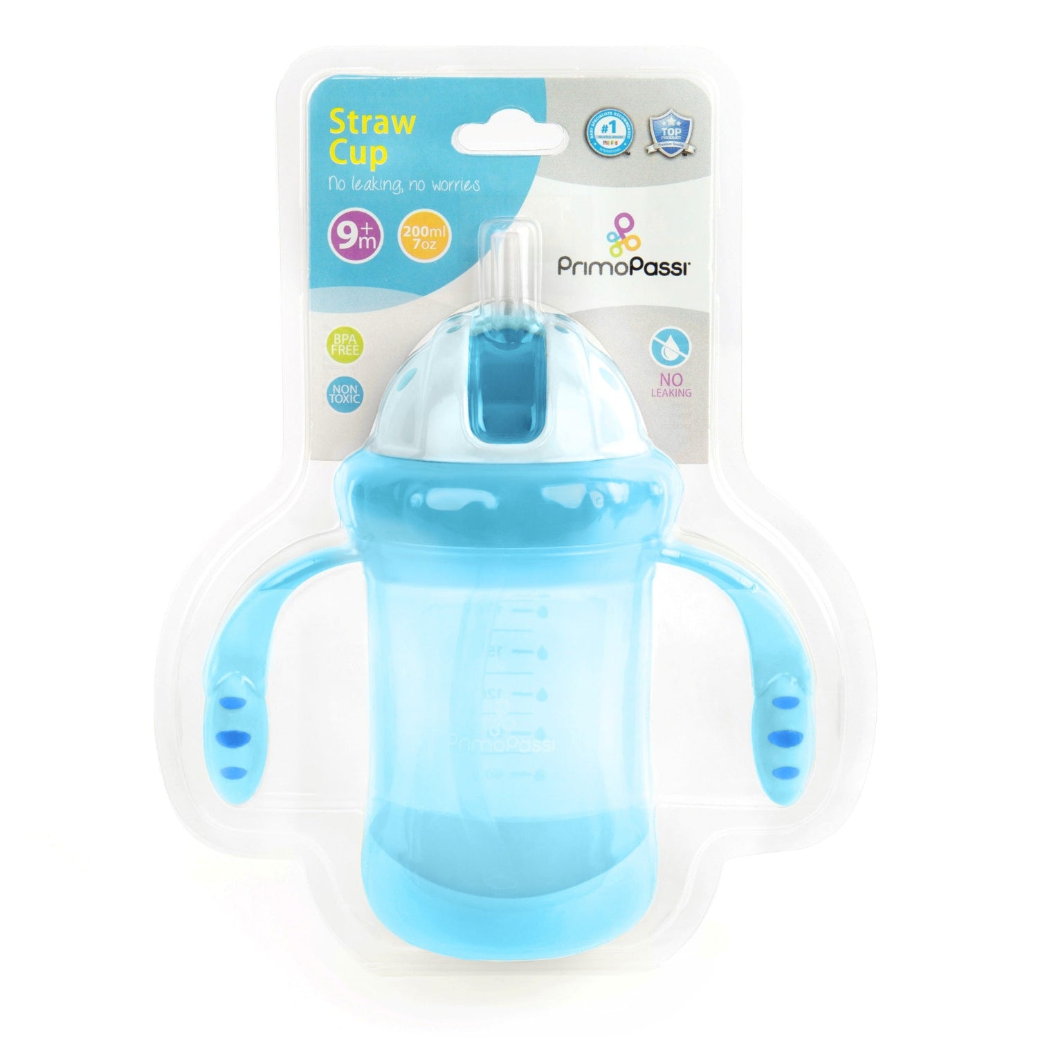 Retail packaging for the Primo Passi Blue Straw Training Cup designed for babies 9 months and older. The 7 oz (200 ml) spill-resistant cup features easy-grip handles, a soft weighted straw, BPA-free and non-toxic materials, and a leak-proof design to help toddlers transition from bottles to independent drinking.