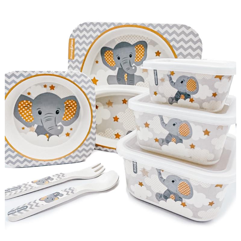 Primo Passi - Bamboo Fiber Kids Super Combo - Divided Square Plate, Square Bowl, Fork&Spoon, And 3 Food Container With Lids - Little Elephant