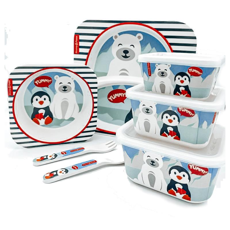 Primo Passi - Bamboo Fiber Kids Super Combo - Divided Square Plate, Square Bowl, Fork&Spoon, And 3 Food Container With Lids - Winter Friends
