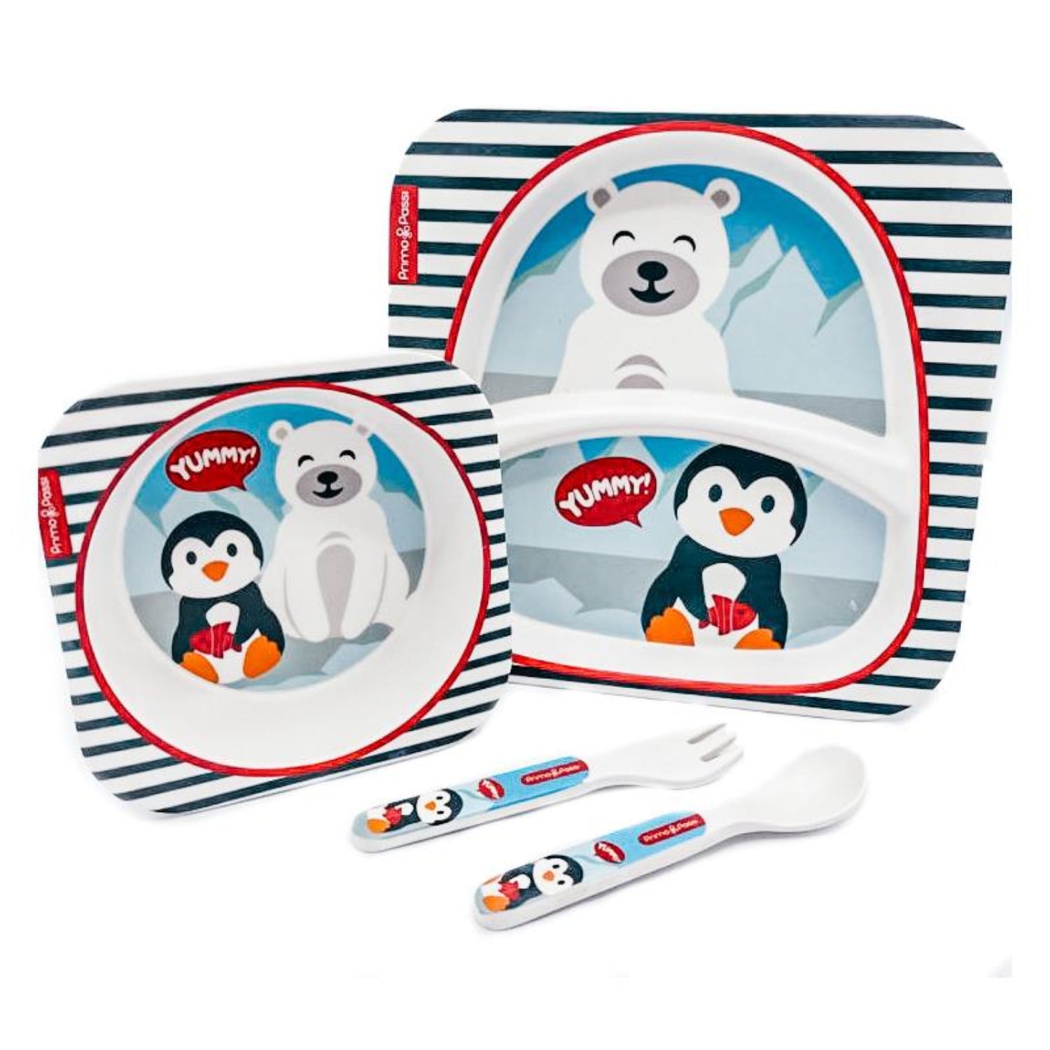 A children's dinnerware and storage container set with a penguin and polar bear theme. The set includes a Divided Bamboo Plate, a bowl, a fork, a spoon, all decorated with illustrations of penguins, polar bears