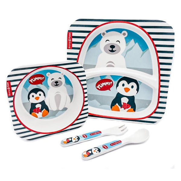 Primo Passi - Bamboo Fiber Kids Combo - Divided Square Plate, Square Bowl And Fork&Spoon - Winter Friends