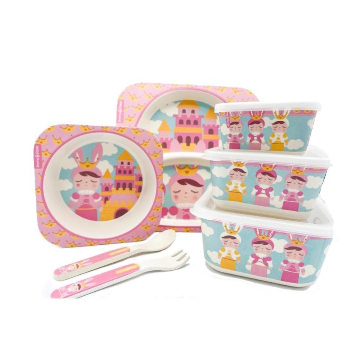 A set of children's feeding accessories made from bamboo, including a divided plate, bowl, fork, and spoon and 3 containers, with character designs and pink, blue, white and yellow colors.