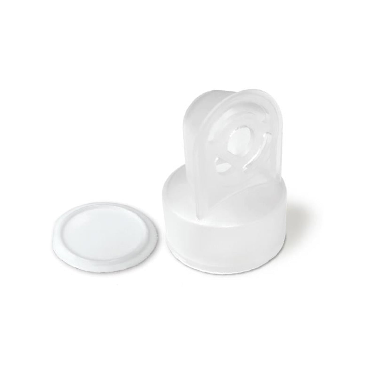 The breast pump replacement is a translucent white silicone or plastic bottle cap or small container component with a separate circular lid, shown on a clean white background.