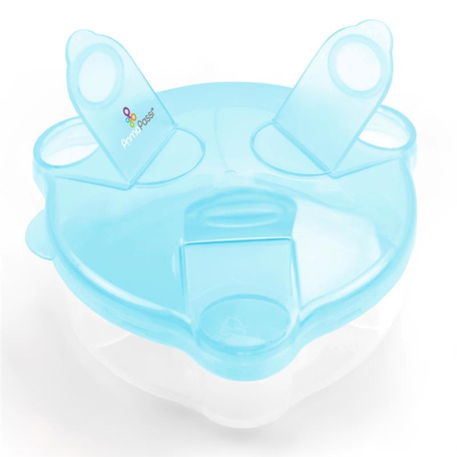 Primo Passi blue three-compartment baby formula dispenser with flip-top lids on a white background.
