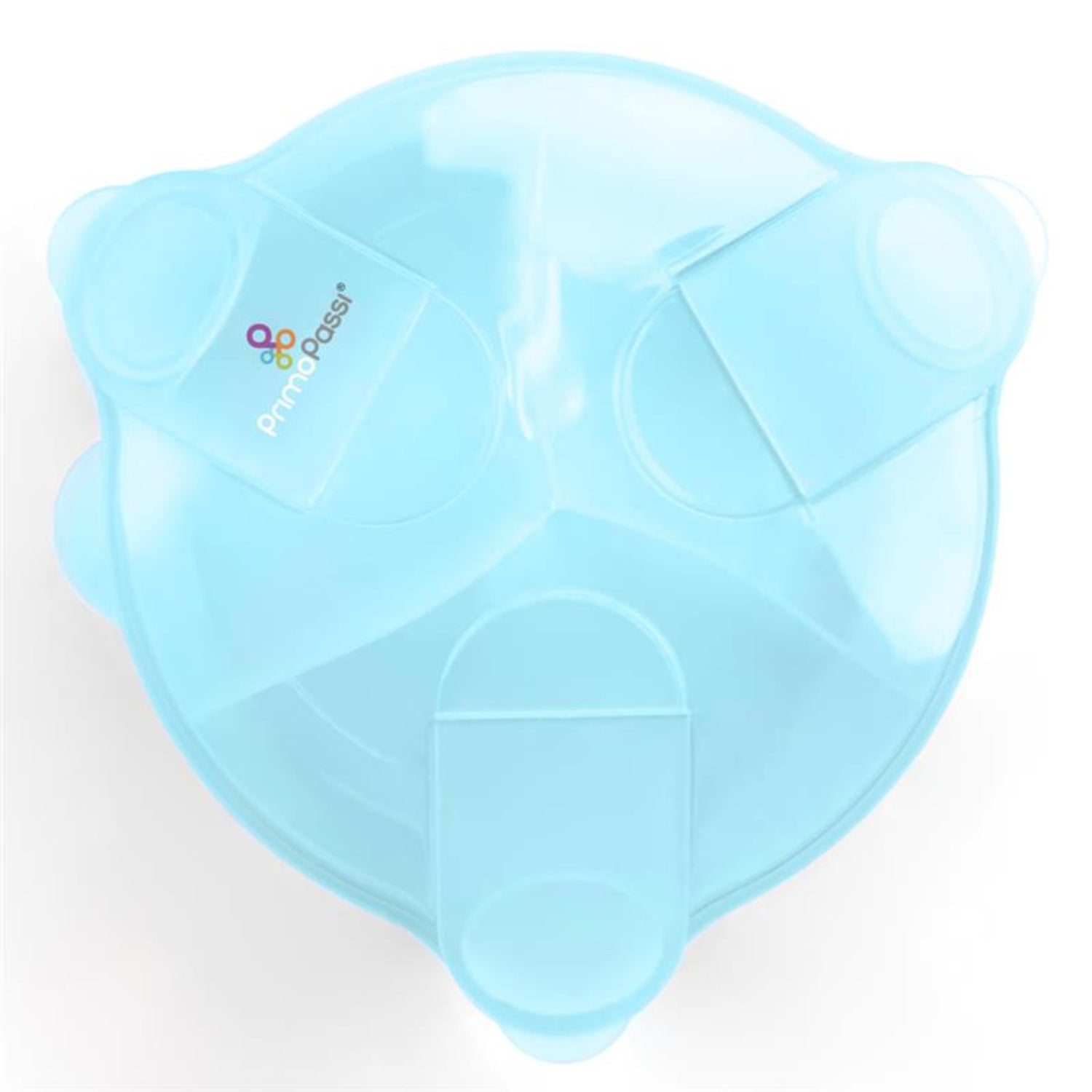 Primo Passi blue three-compartment baby formula dispenser with flip-top lids on a white background.